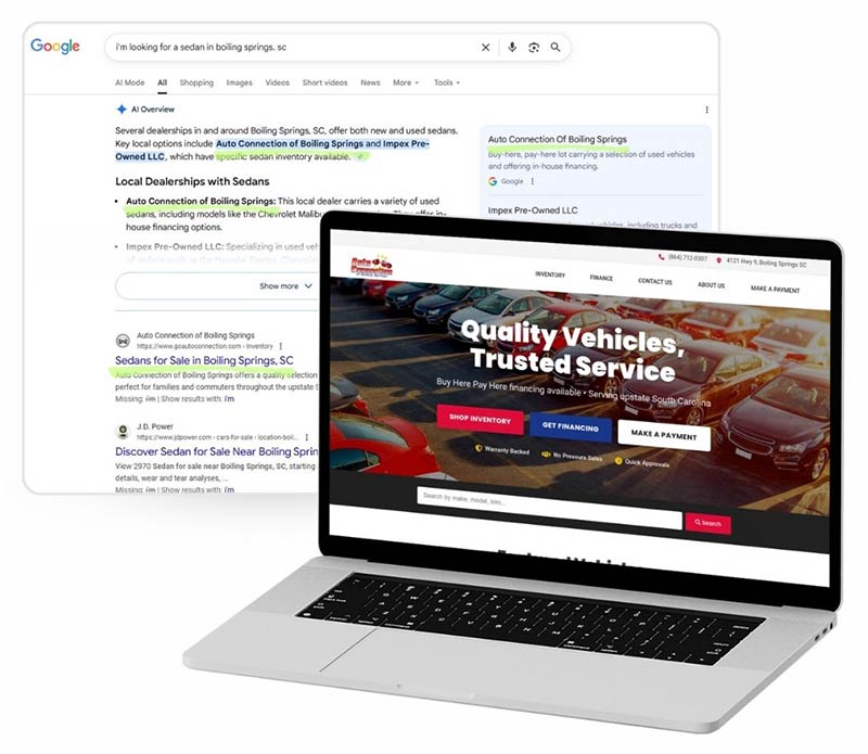 A Google search result leading a shopper to a Carolina car dealership website powered by AI search