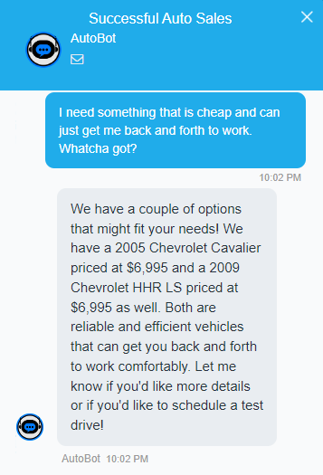 The KGI AI chat agent answering shopper questions on a dealer's website