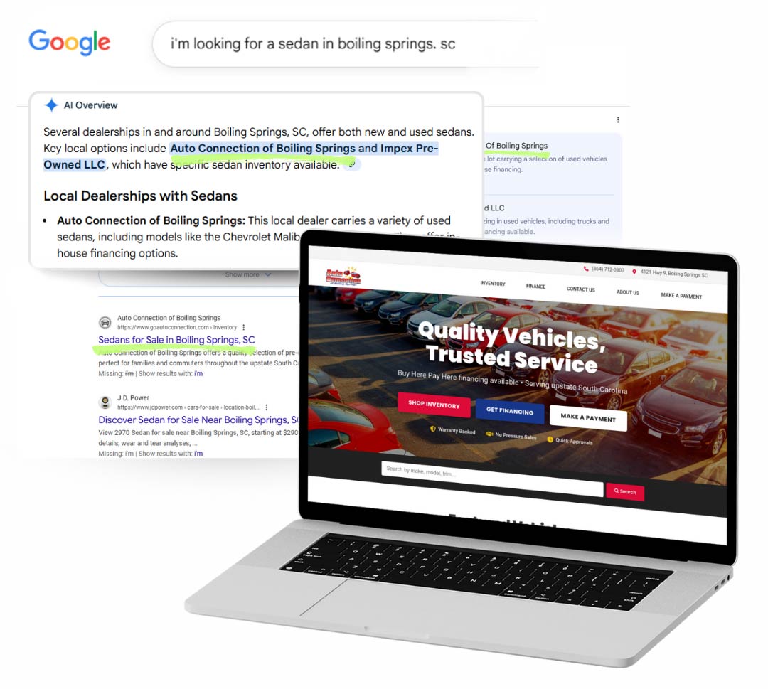 A Google search with AI Overview returning a Carolina dealer's website as a top local result