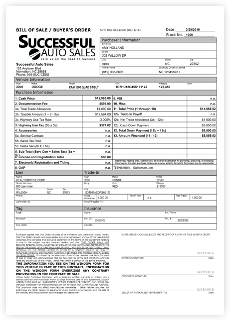 A KGI-printed buyer's order with the dealer's branding
