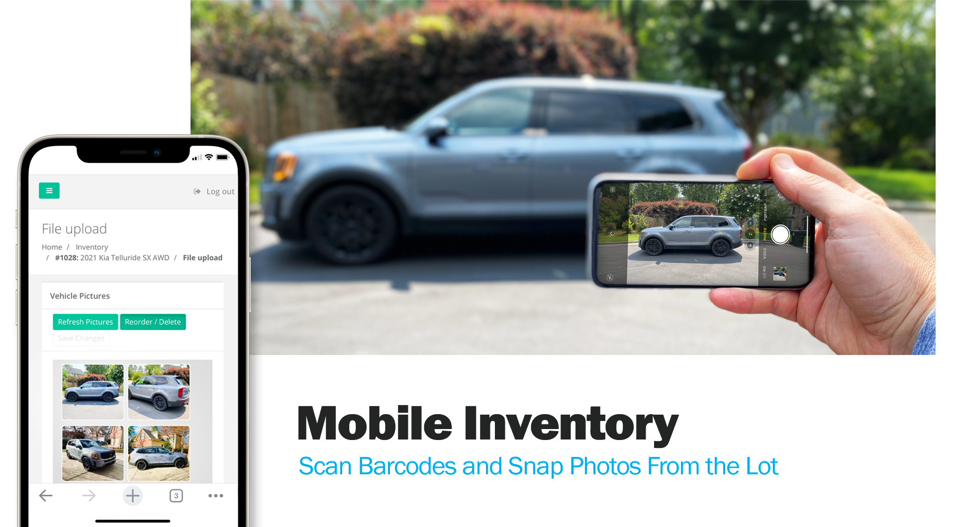 A KGI dealer scanning a VIN and snapping vehicle photos with a phone on the lot