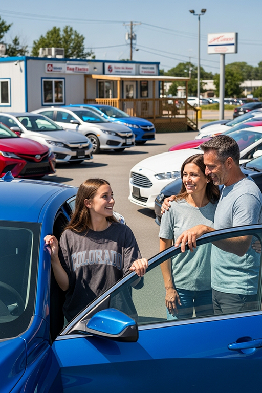 A family looking at vehicles on a North Carolina dealership lot