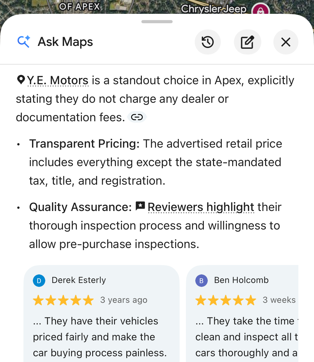 Google Ask Maps recommending Y.E. Motors in Apex, NC for a used car dealer with no hidden fees, citing reviews that mention transparent pricing and pre-purchase inspections