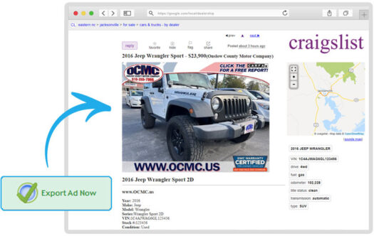 The KGI Craigslist posting tool with a vehicle ad ready to publish