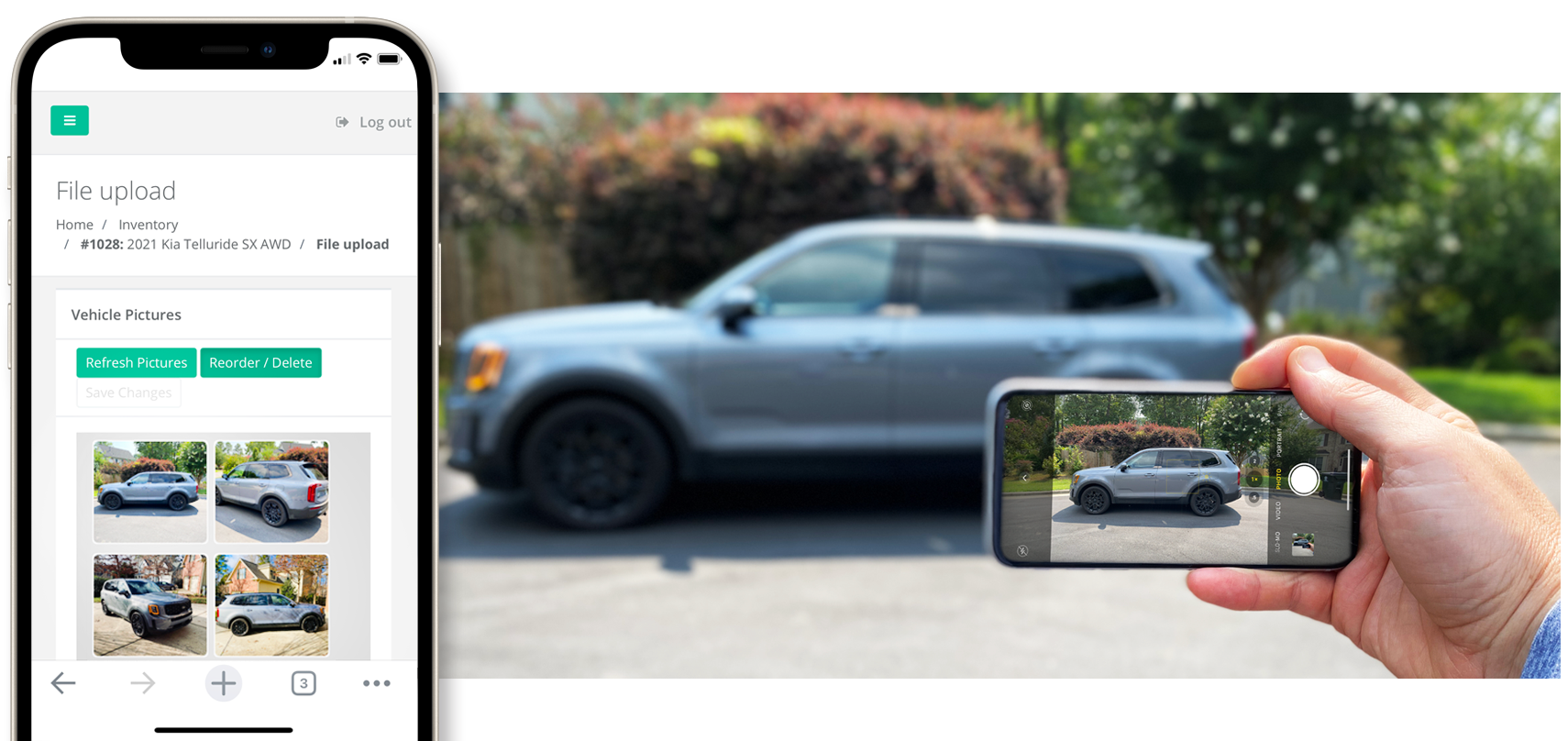 A KGI dealer adding a vehicle to inventory from a phone, with the car in the background