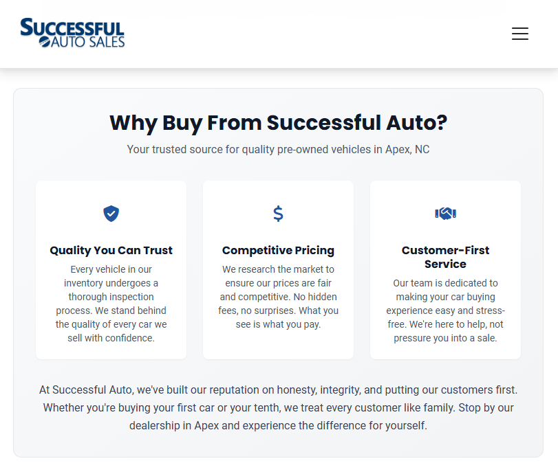 A custom Why Buy From Us section on a vehicle detail page